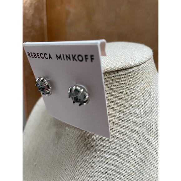 NWT Rebecca Minkoff Oversized Silver Prong Set Shiny Grey Gemstone Style Earring - Picture 2 of 6